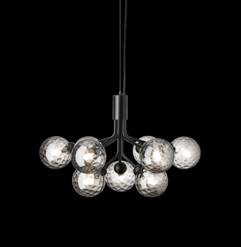 Apiales 9 lysekrone, satin sort/optic smoked glas Glas Lamper|Spisebordslamper