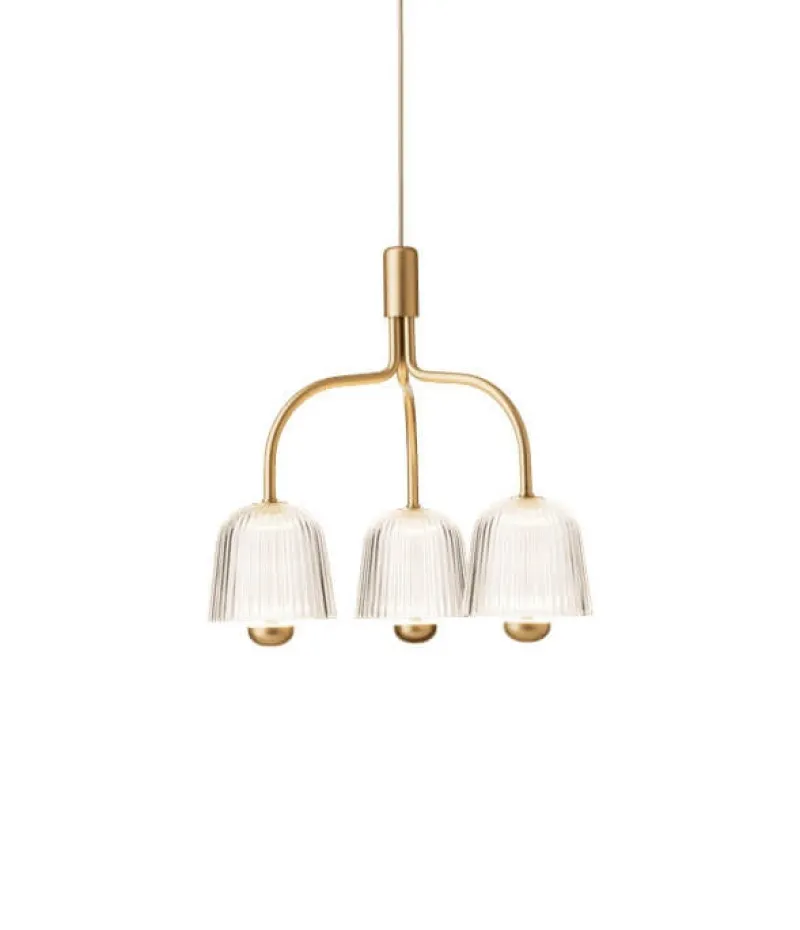 Asteea 3 lysekrone, satin messing/riflet klar Messinglamper|Spisebordslamper